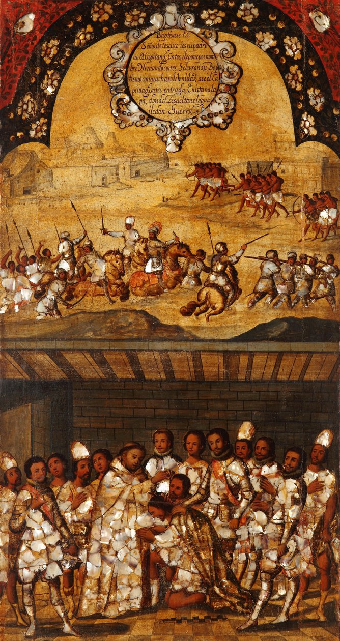 Erövringen av Mexiko, Panel XIX, ca 1696-1715 (måla på trä) av Miguel Gonzalez