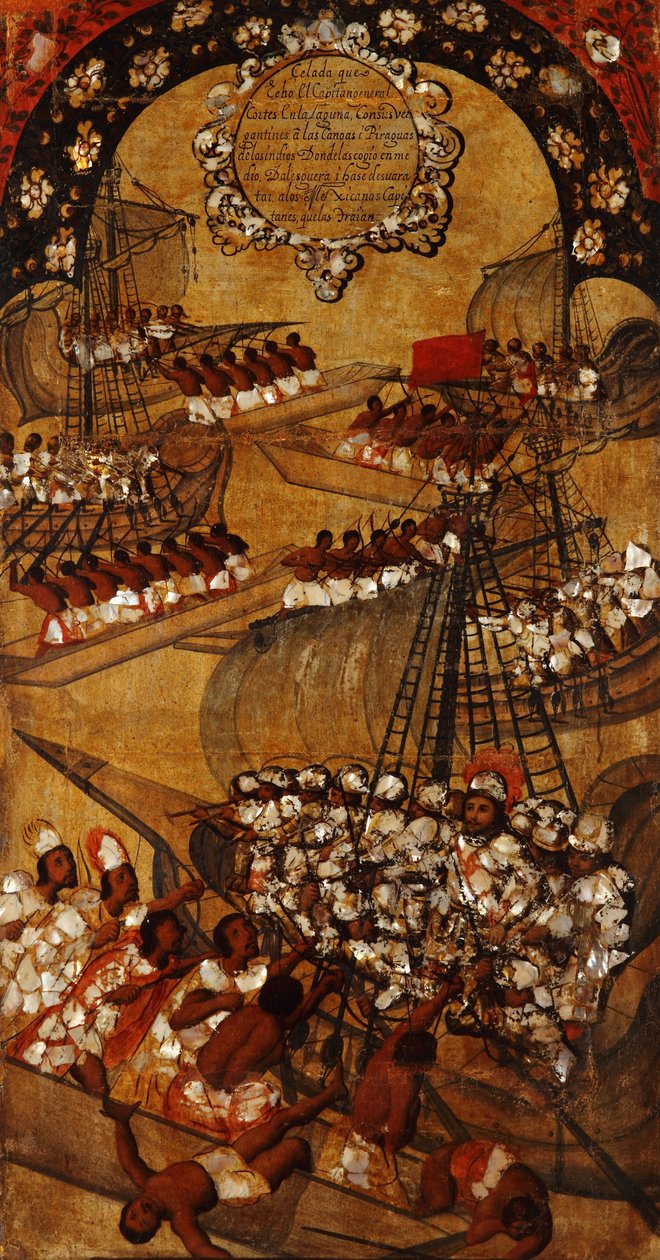 Erövringen av Mexiko, panel XXII, ca 1696-1715 (måla på trä) av Miguel Gonzalez