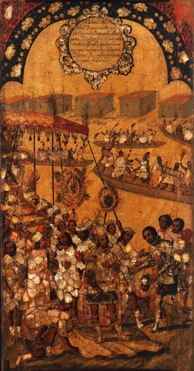 The Conquest of Mexico, Panel X, ca 1696-1715 (måla på trä) av Miguel Gonzalez
