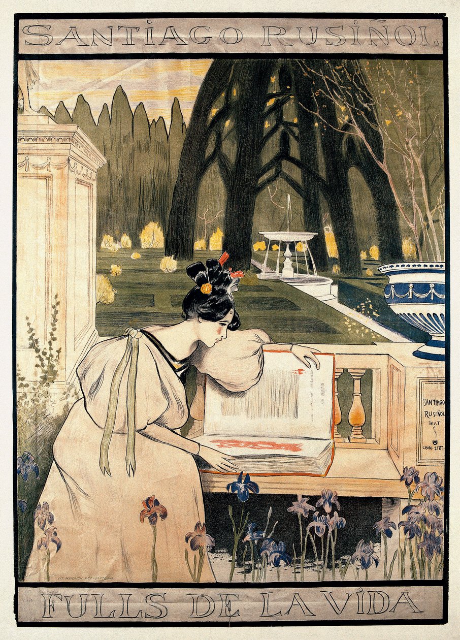 Affischpresentation av "Livets sidor", serie litografier som illustrerar dikter i prosa av Santiago Rusinol y (i) Prats (1861-1931) av Miguel Utrillo