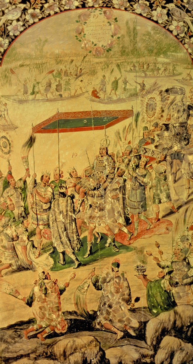 En av ett par paneler som visar mötet mellan Hernando Cortes (1485-1547) och Montezuma (1466-1520): Montezuma och hans anhängare, 1698 av Miguel and Juan Gonzalez