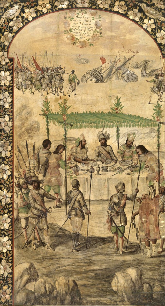 Beordrar förstörelsen av skeppen och möter ambassadörerna från Montezuma (Moctezuma, Moteuczoma, Motecuhzoma) (1466-1520) 1520 - Erövringen av Mexiko av Hernan Cortes par Gonzalez, Miguel och Juan (aktivt slutet av 1600-talet). Olja på trä, storlek: av Miguel and Juan Gonzalez