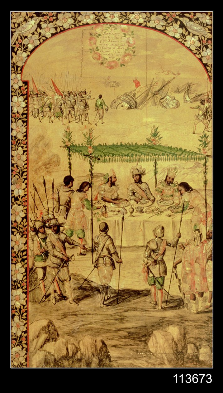 Erövringen av Mexiko: Hernando Cortes (1485-1547) beordrar förstörelsen av fartygen och träffar Montezumas ambassadörer (1466-1520) 1520 av Miguel and Juan Gonzalez
