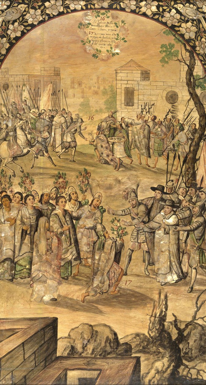 Erövringen av Mexiko av Hernan Cortes par Gonzalez, Miguel och Juan (aktiv Slutet av 1600-talet). Olja på trä, storlek: 97x53 av Miguel and Juan Gonzalez