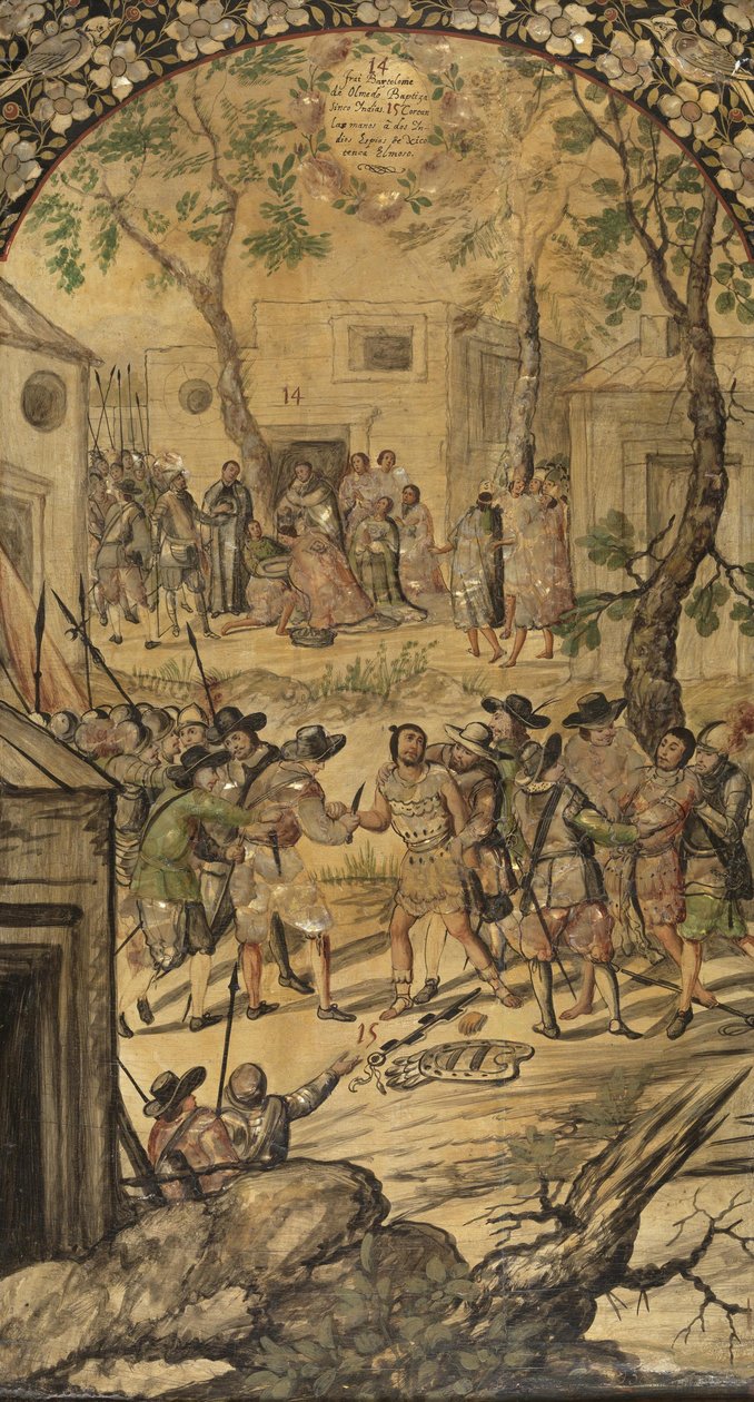 Erövringen av Mexiko av Hernan Cortes par Gonzalez, Miguel och Juan (aktiv Slutet av 1600-talet). Olja på trä, storlek: 97x53 av Miguel and Juan Gonzalez