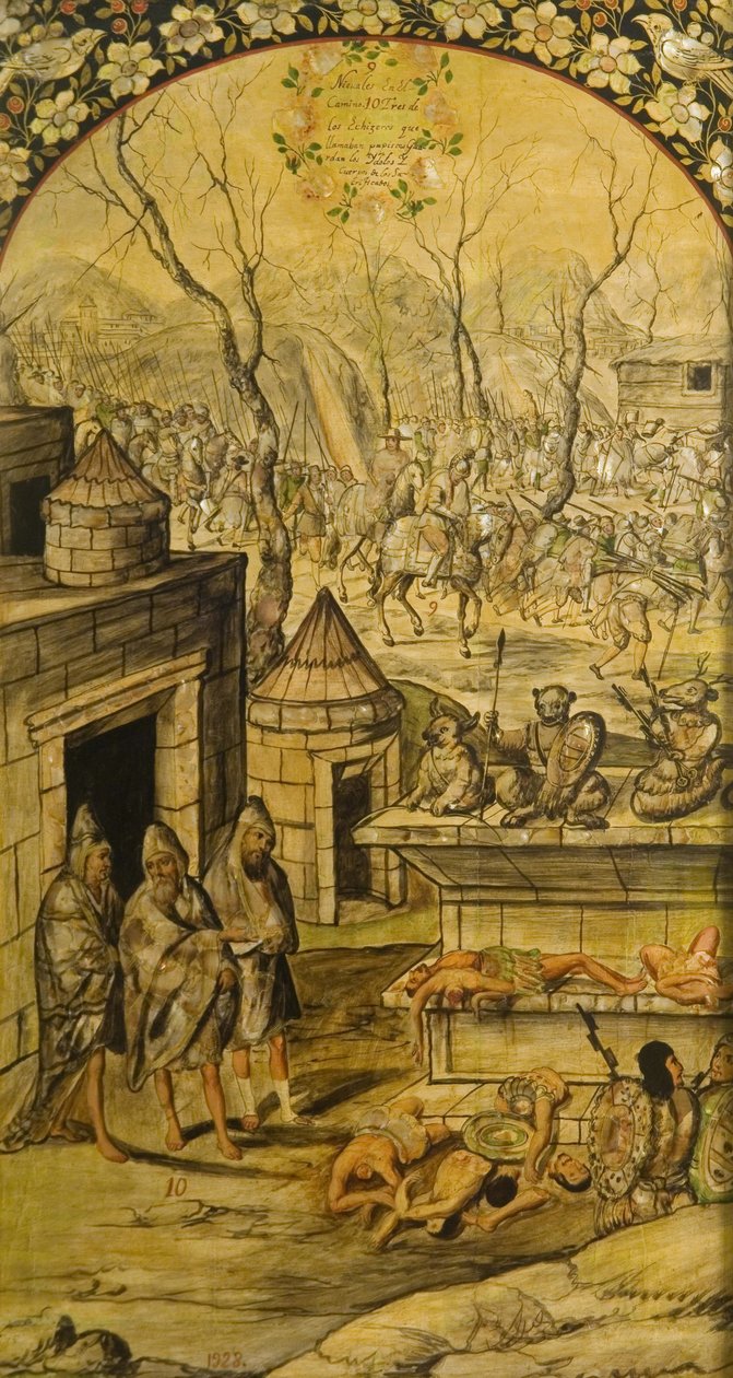 Erövringen av Mexiko av Hernan Cortes par Gonzalez, Miguel och Juan (aktiv Slutet av 1600-talet). Olja på trä, storlek: 97x53 av Miguel and Juan Gonzalez