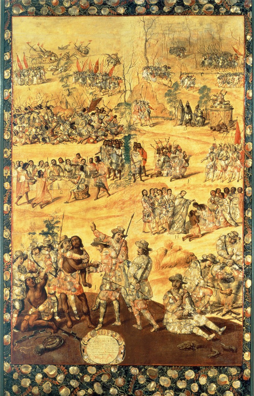 Mötet mellan Hernando Cortes (1485-1547) och Montezuma (1466-1520), panel från erövringen av Mexiko av Miguel and Juan Gonzalez