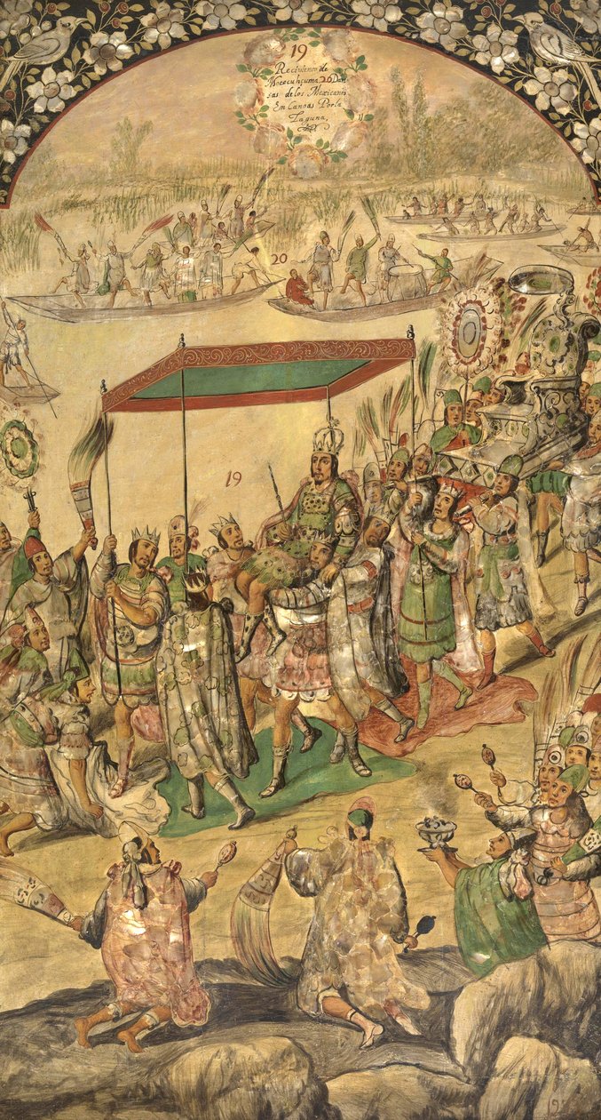 The Welcome of Montezuma (Moctezuma, Moteuczoma, Motecuhzoma)(1466-1520) - Erövringen av Mexiko av Hernan Cortes par Gonzalez, Miguel och Juan (aktiv Slutet av 1600-talet). Olja på trä, storlek: 97x53 av Miguel and Juan Gonzalez