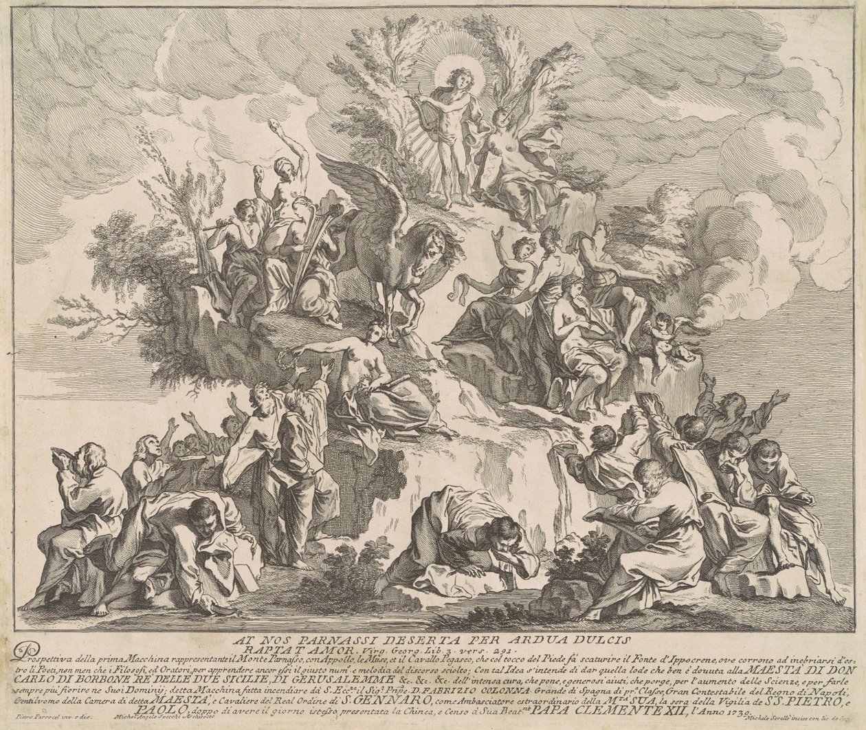 Prima Macchina för Kina 1739: Mount Parnassus med Apollo, muserna och Pegasus av Miguel de Sorellò, after Pierre Parrocel, after Michelangelo Specchi