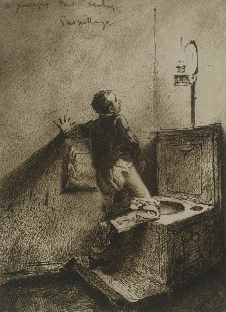 Pojke onanerar på en toalett, tallrik 19 från Liebe (Love) pub. 1901 i Leipzig (heliogravyr) av Mihaly von Zichy