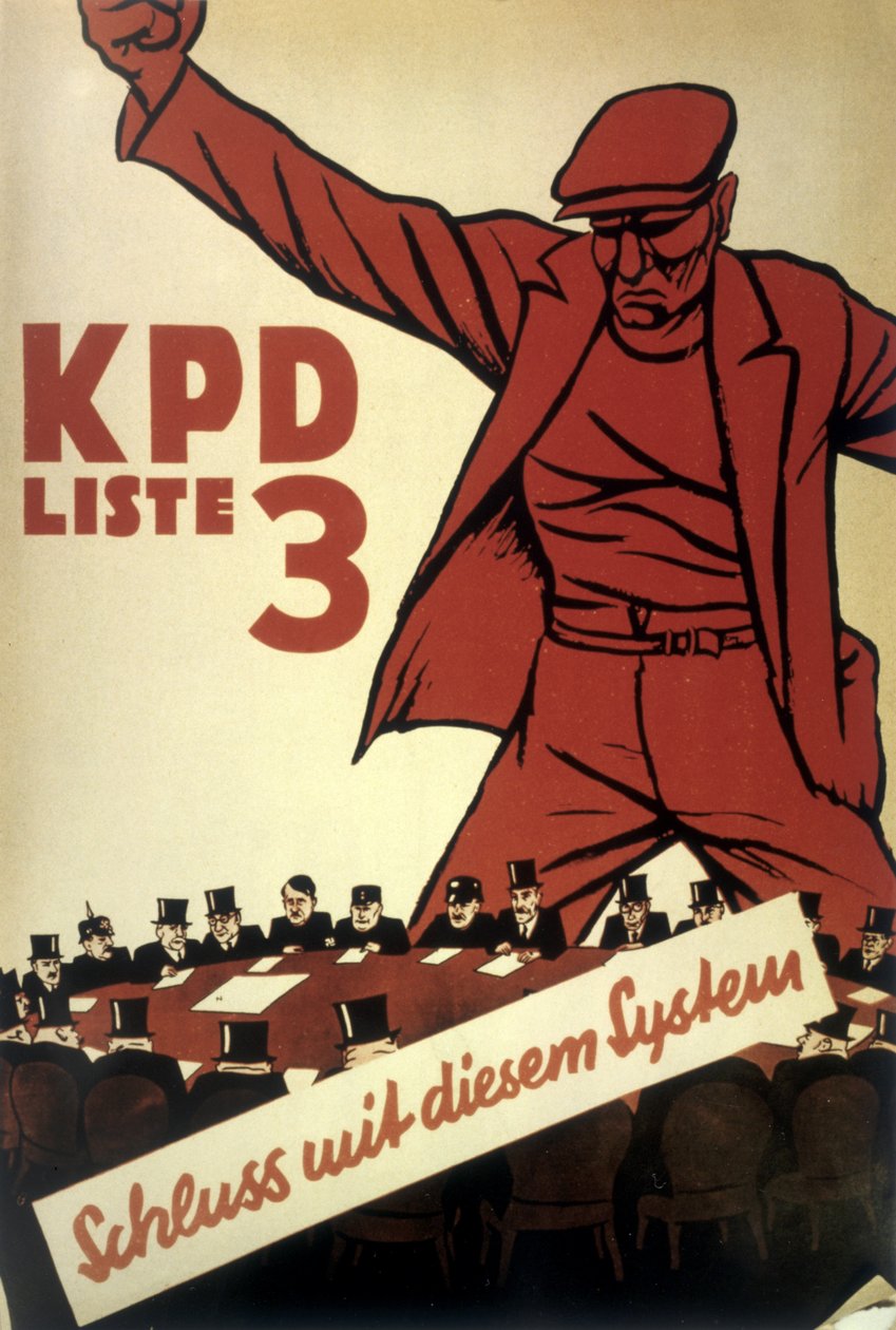 Tyska kommunistpartiets (KPD) affisch "Bort med systemet", producerad under en tid av intensiv politisk konkurrens 1932 av Mihaly Biro