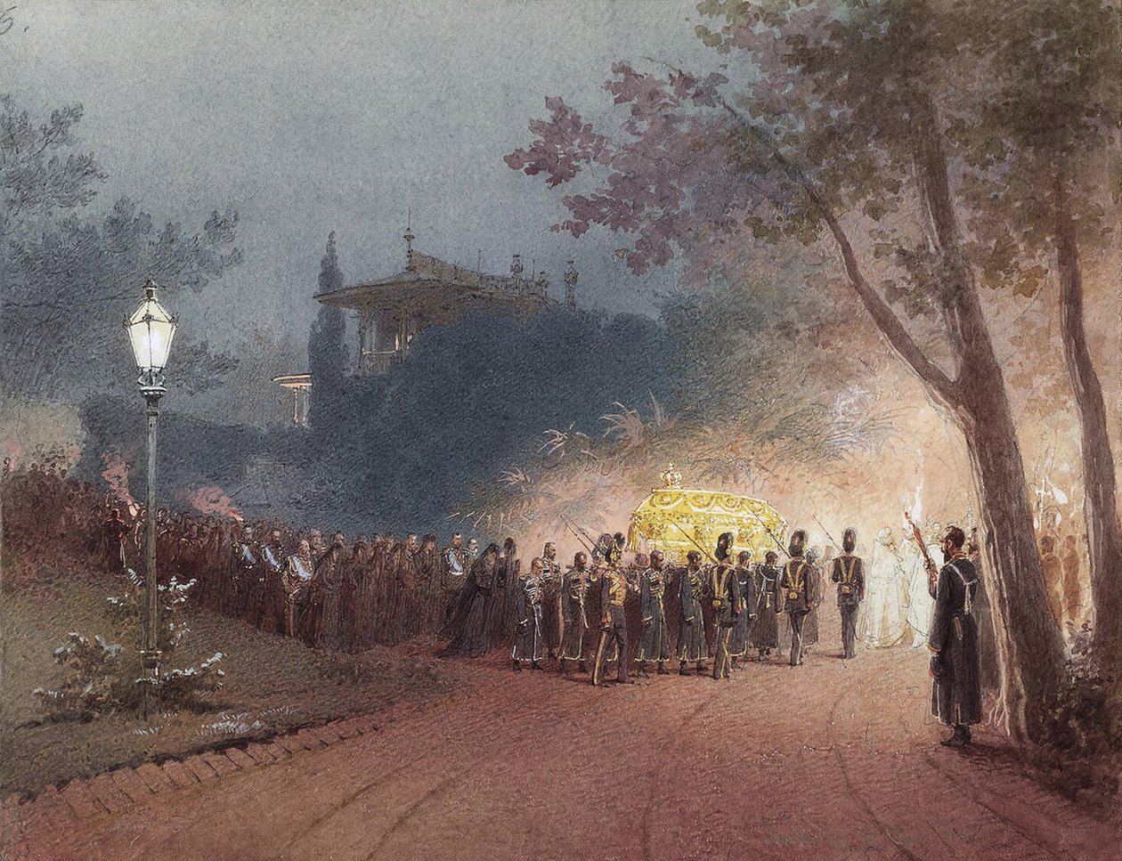 Bär kistan med kroppen av Alexander III från det lilla palatset i Livadia, 1895 av Mihaly von Zichy