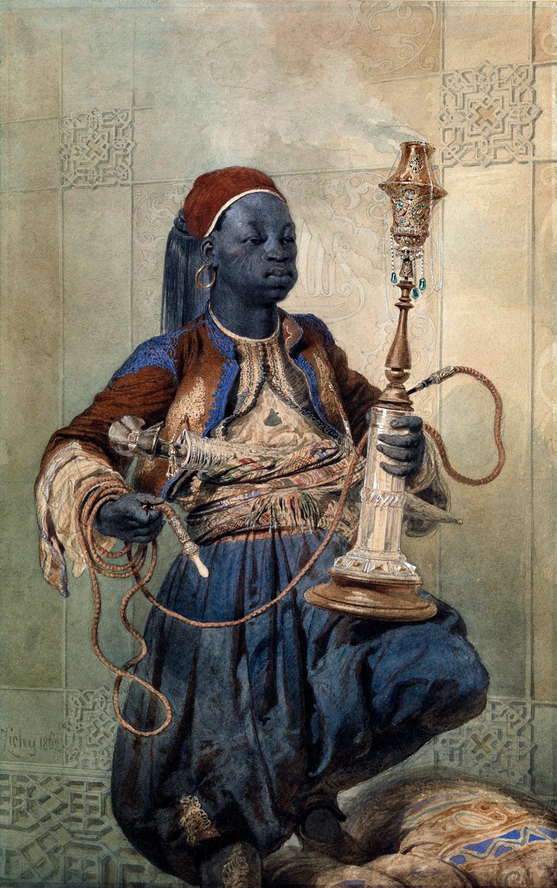 ""Porträtt av Nubian med en vattenpipa"" (Nubian med en vattenpipa) Akvarell av Mihaly Zichy (1827-1906) 1862 Dim 49,5x31 cm Privat samling av Mihaly von Zichy