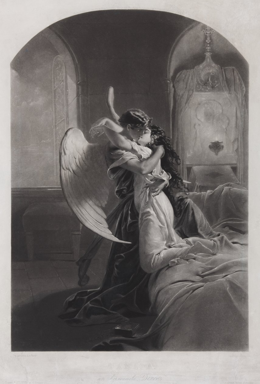 Tamara och Demon. Illustration till dikten Demonen av Mikhail Lermontov, ca. 1880 av Mihaly von Zichy