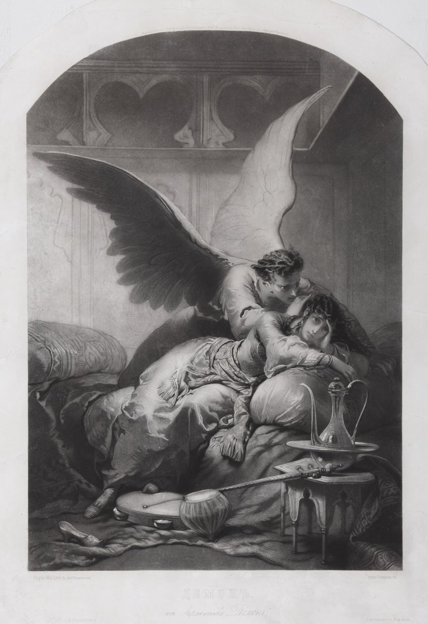 Tamara och Demon. Illustration till dikten Demonen av Mikhail Lermontov, ca. 1880 av Mihaly von Zichy