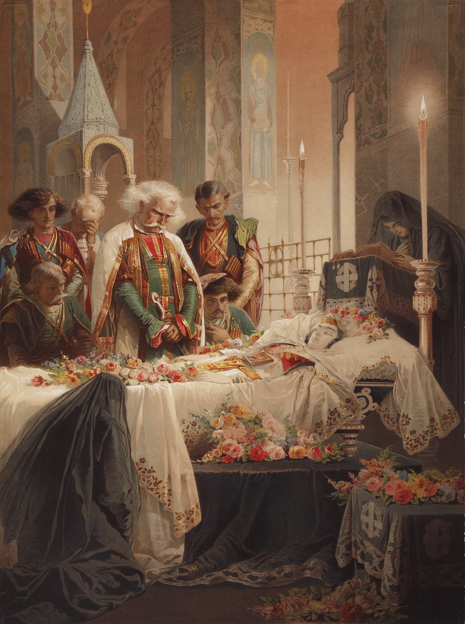 Tamara i kistan. Illustration till dikten Demonen av Mikhail Lermontov, ca. 1880 av Mihaly von Zichy