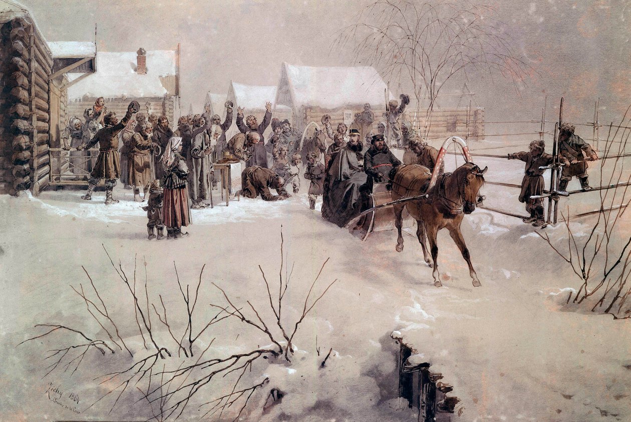 Tsar Alexander II (1818-1881) i en släde korsar en by under snö Akvarell av Mihaly von Zichy (1827-1906) 1800-talets Sankt Petersburg, Chateau de Peterhof av Mihaly von Zichy
