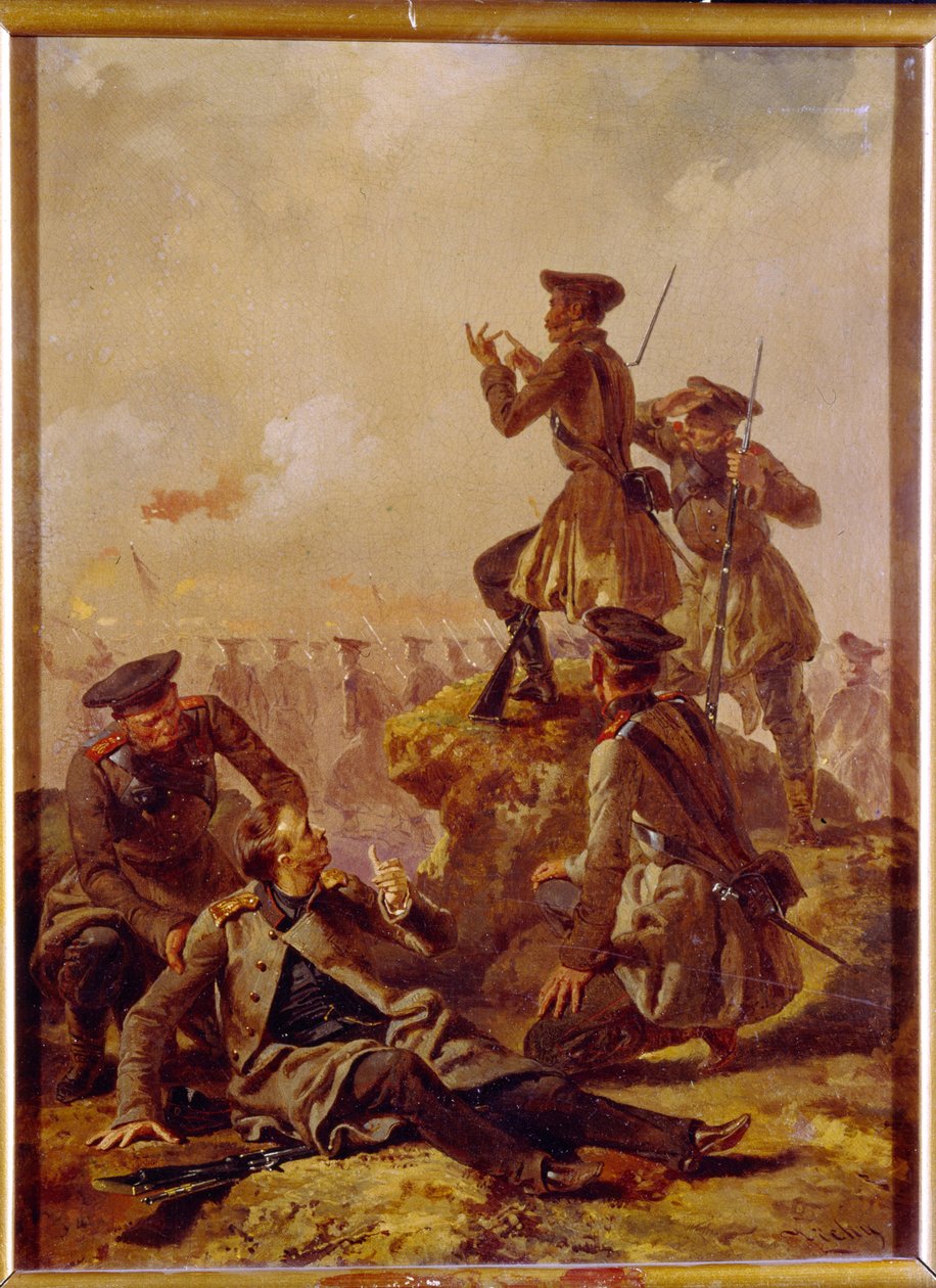 En scen från Krimkriget (1853-1856). Bakom fronttruppernas linje observerar officerare, varav en är sårad, slagfältet. Målning av Mihaly Zichy (1827-1906), olja på duk, cirka 1850. Ungersk konst av Mihaly von Zichy