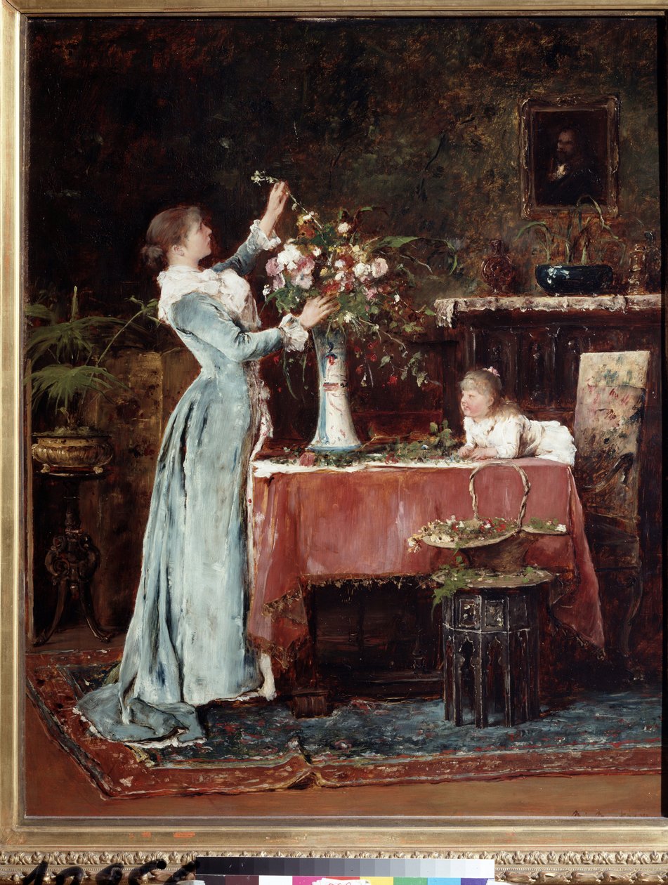 ""La composite du bouquet"" (Komponera en bukett) En medelklasskvinna (ungersk?) som förbereder en bukett blommor, hennes dotter tittar på henne. Målning av Mihaly Munkacsy (1844-1900) circa 1880 Pushkin Museum, Moskva av Mihály Munkácsy