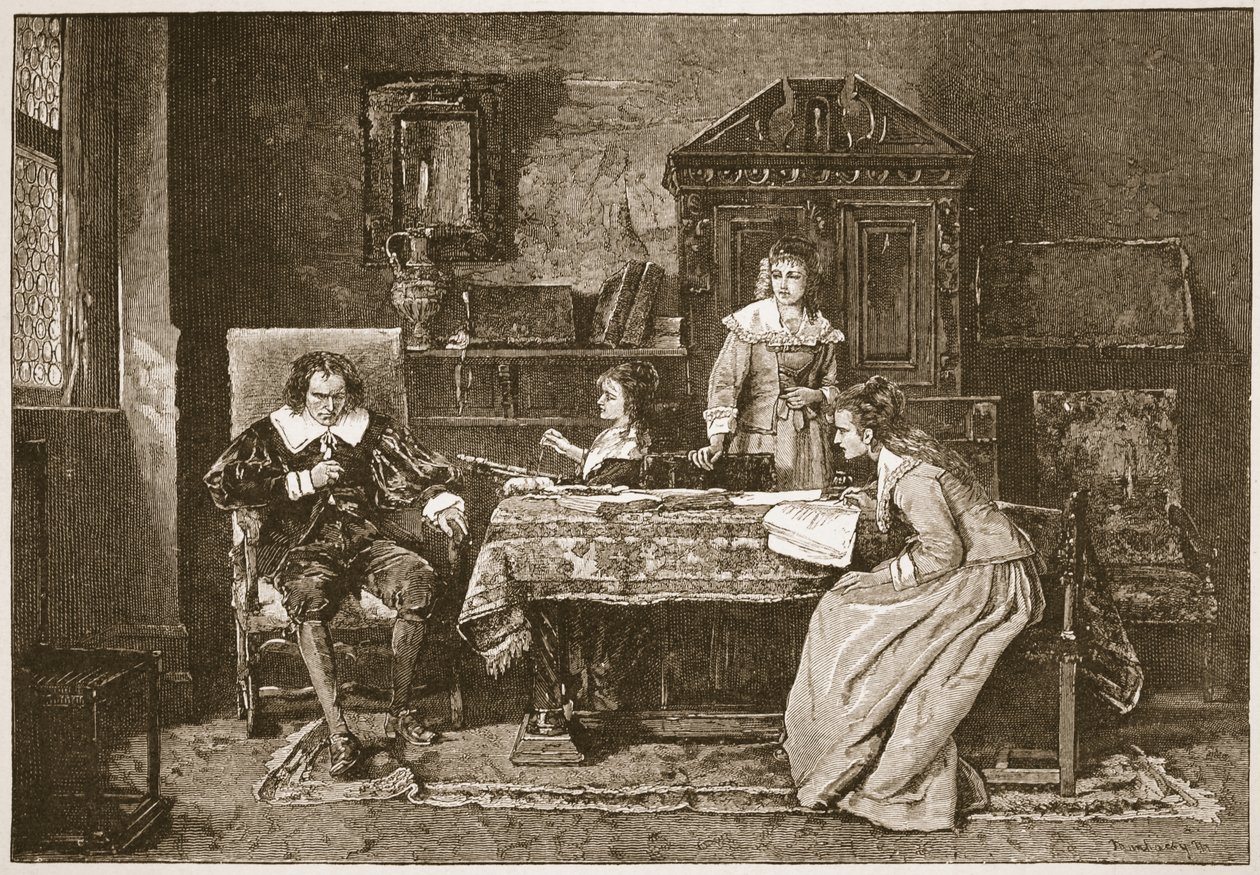 Milton dikterar "Paradise Lost", illustration från "The Church of England: A History for the People" av H.D.M. Spence-Jones, pub. c.1910 (sepiafoto) av Mihály Munkácsy
