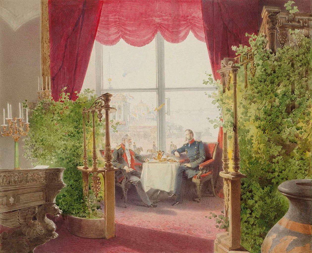 Frukost av kejsarna Alexander II och William I i Vinterpalatset, 1873. av Mihály Zichy