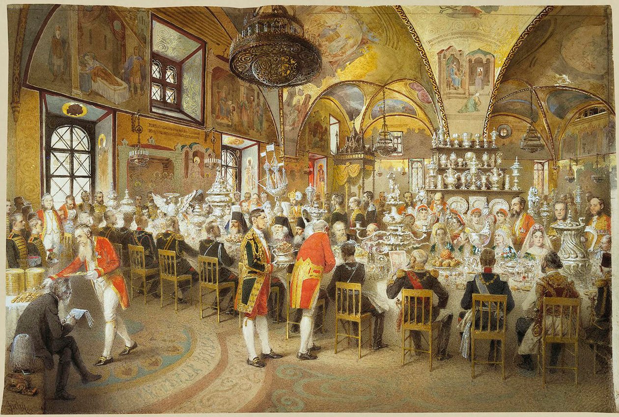 Ceremoniell middag i Fasetternas palats i Kreml i Moskva, 1883-1895. av Mihály Zichy