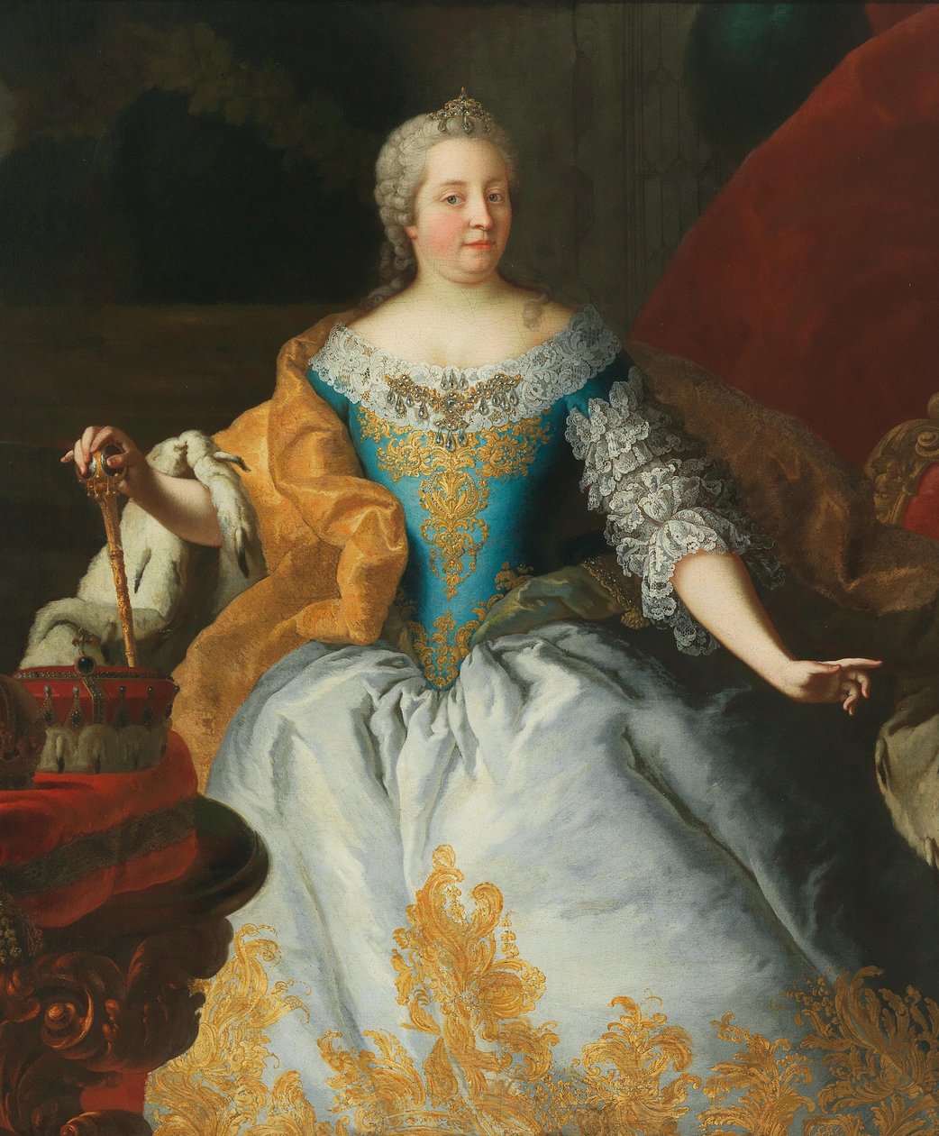 Porträtt av kejsarinnan Maria Theresia, drottning av Ungern och Böhmen, med den böhmiska kronan. av Mijtens