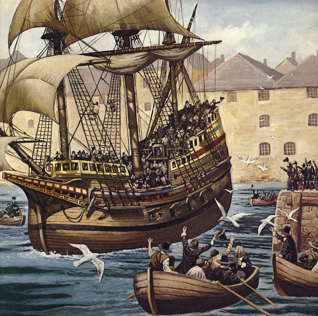 Mot väst - Ho! Mayflower lämnar Plymouth Ho den 16 september 1620 (färglitografi) av Mike (20th century) White
