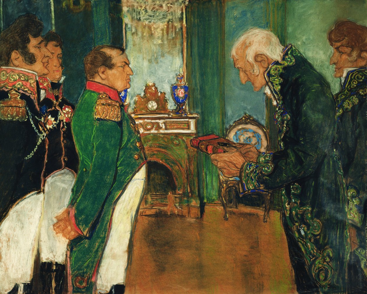 Jean-Baptiste de Lamarck överlämnar boken Zoologisk filosofi till kejsar Napoleon Bonaparte, 1920 pastell på papper av Mikhail Dmitrievich Ezuchevsky