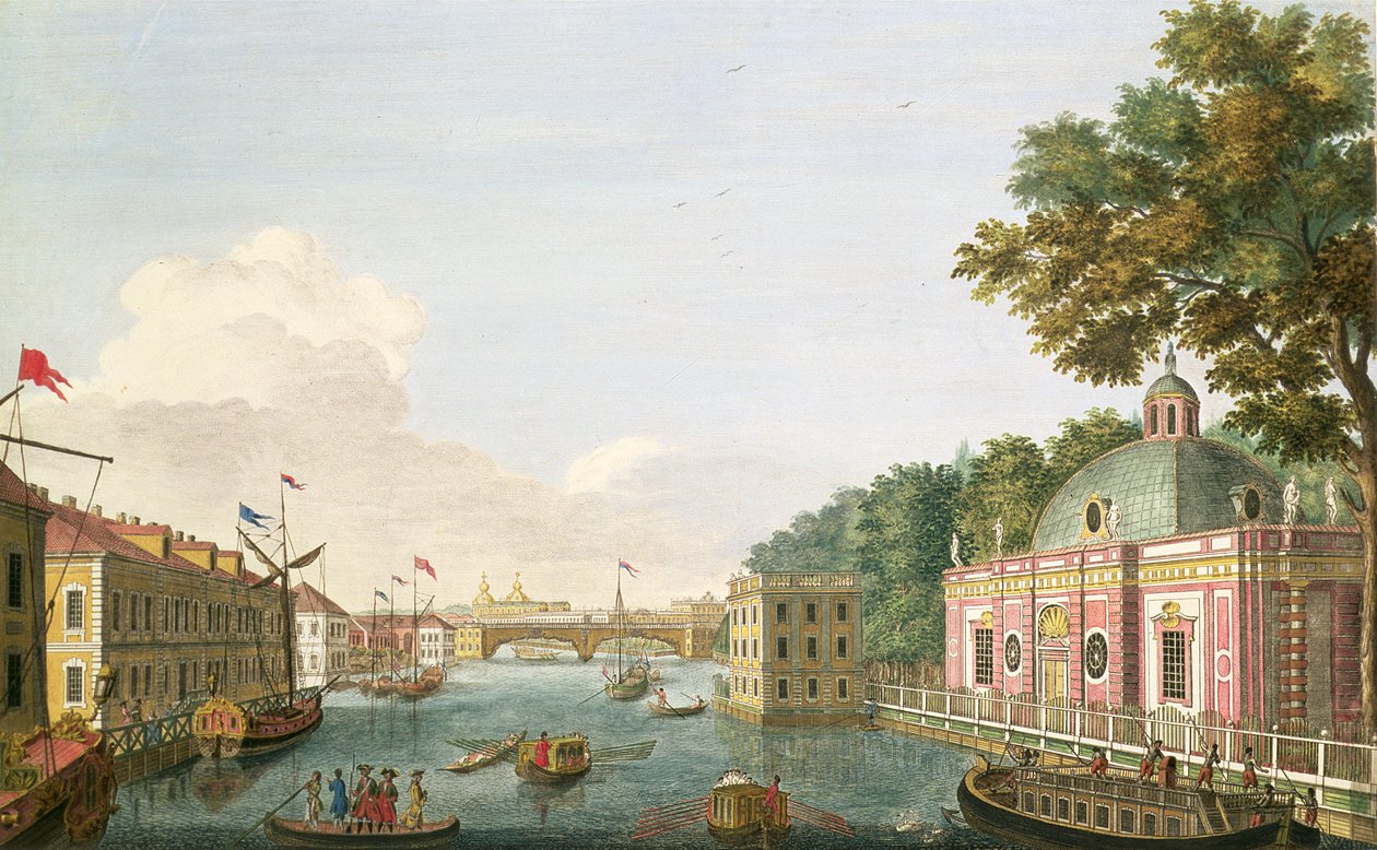 Utsikt över Fontanka-floden från grottan och gästpalatset, etsat av Grigory Anikievich Kachalov (171112-1759), 1753 (etsning med gravyr) av Mikhail Ivanovich Makhaev