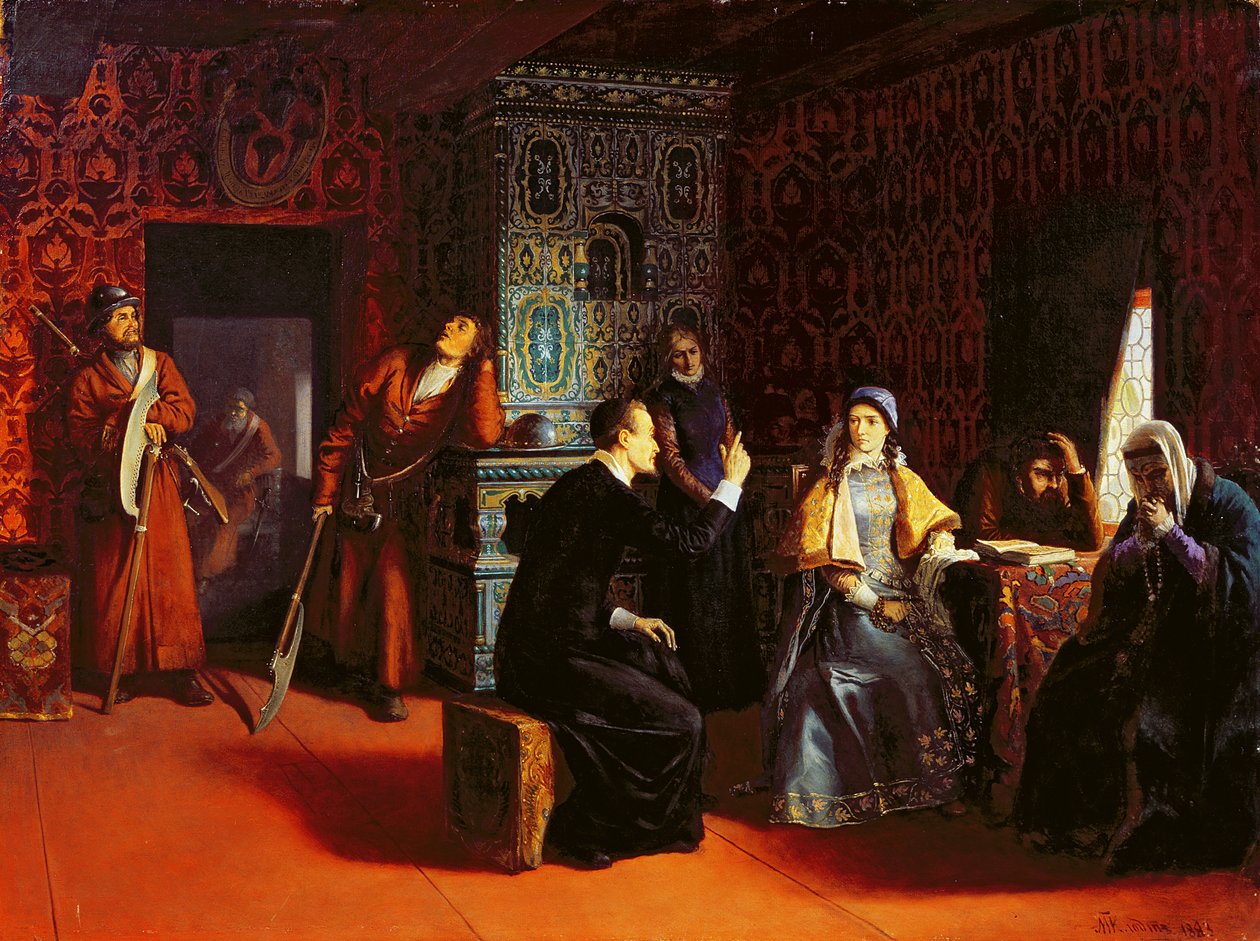 Marina Mniszech under arrestering med en präst, 1883 av Mikhail Konstantinovich Klodt