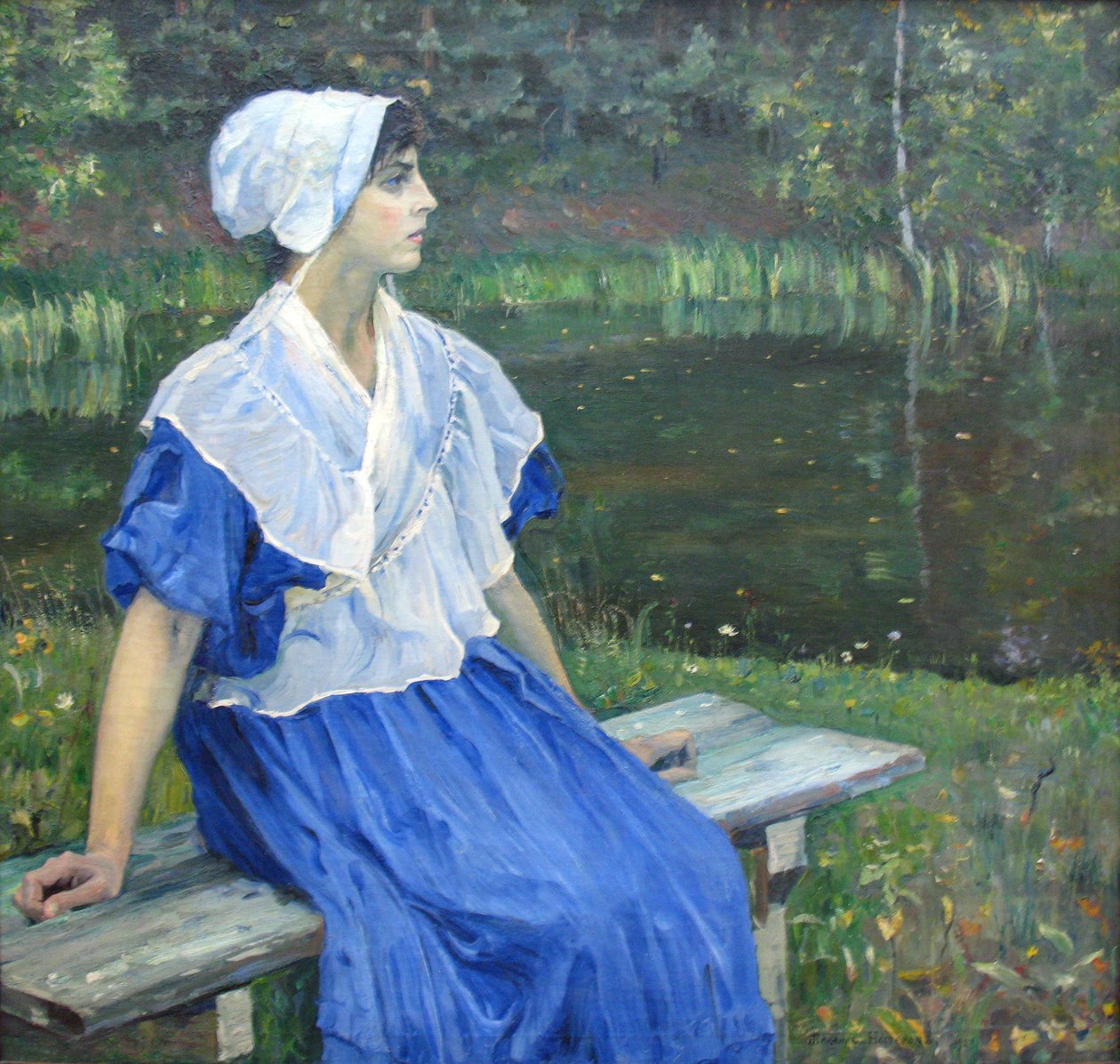  Girl by the pond Portrait of N.M. Nesterova, 1923nDeutsch: Madchen am Teich Portrait von N.M. Nesterova, 1923n:     .. , 1923n av Mikhail Vasilievich Nesterov