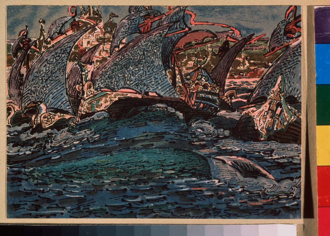 Segelbåtar - Verk av Mikhail Alexandrovich Vrubel (Vrubel) (1856-1910), akvarell och tusch på papper av Mikhail Aleksandrovich Vrubel
