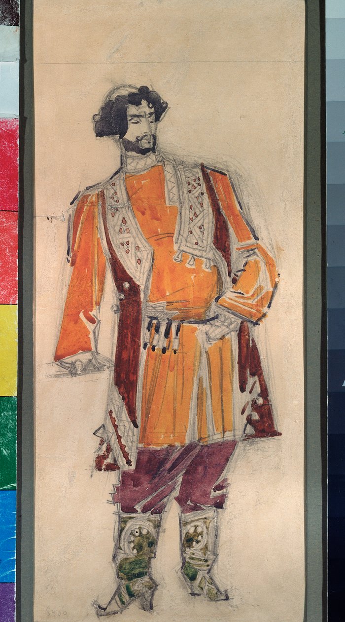 Manlig förberedande kostym för operan ""Tsarens brud"" av Nicholas (Nikolai) Rimsky Korsakov (Rimsky-Korsakov) (1844-1908) (Dräktdesign för operan Tsarens brud av N Rimsky Korsakov (Rimsky) -Korsakov) - Verk av Mikhail Alexander av Mikhail Aleksandrovich Vrubel