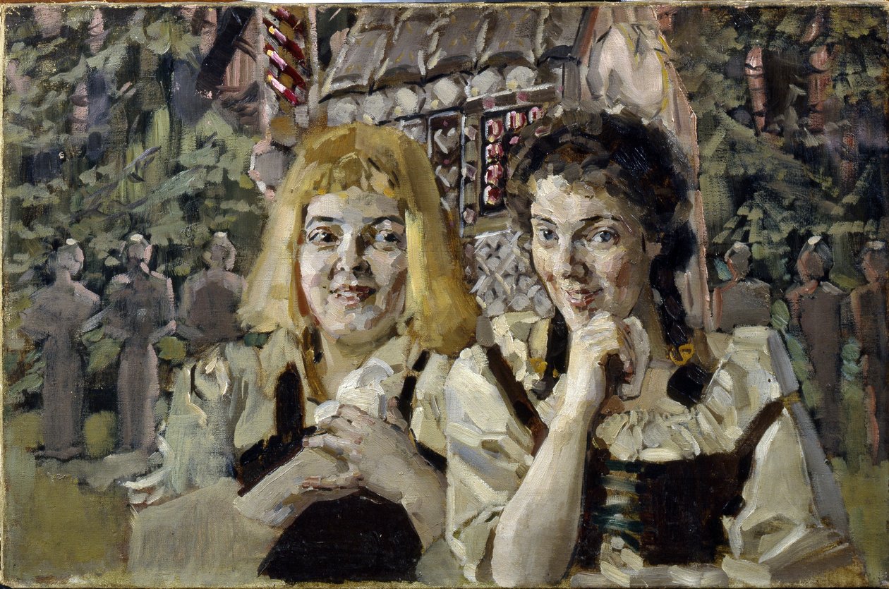 Hansel och Gretel (Hansel and Gretel). Porträtt av de två barnen ur sagan av bröderna Jacob (1785-1863) och Wilhelm (1786-1859) Grimm, med giriga ögon framför godishuset. Målning av Mikhail Alexandrovich Vrubel (Vrubel) (1856-1910), olja på av Mikhail Aleksandrovich Vrubel
