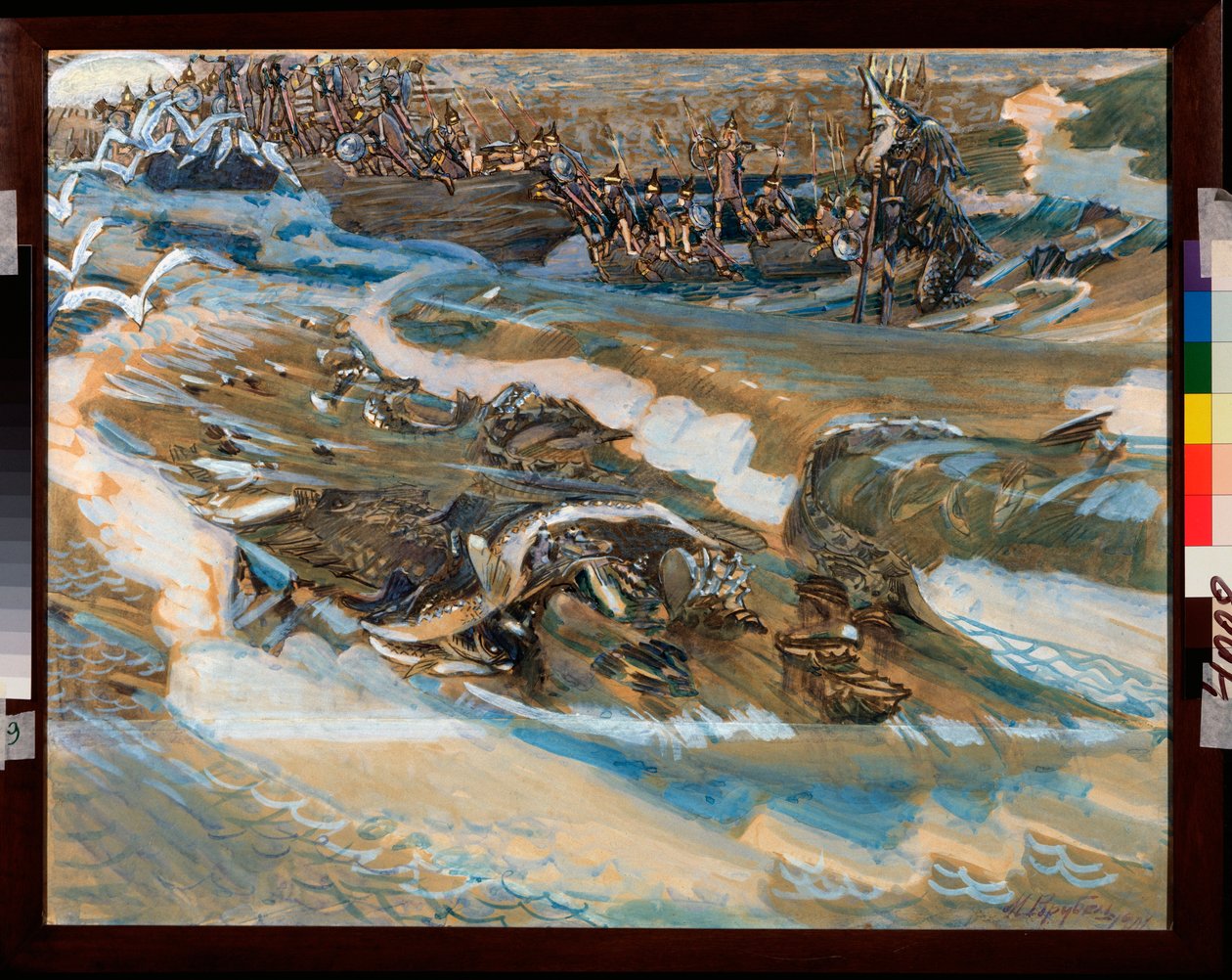 Illustration pour le conte du czar Saltan de Alexandre Pouchkine (1799-1837) (Illustration till sagan om tsaren Saltan av A Pushkin) - Verk av Mikhail Alexandrovich Vrubel (Vrubel) (1856-1910), akvarell, gouache, guld och pengar på papper av Mikhail Aleksandrovich Vrubel