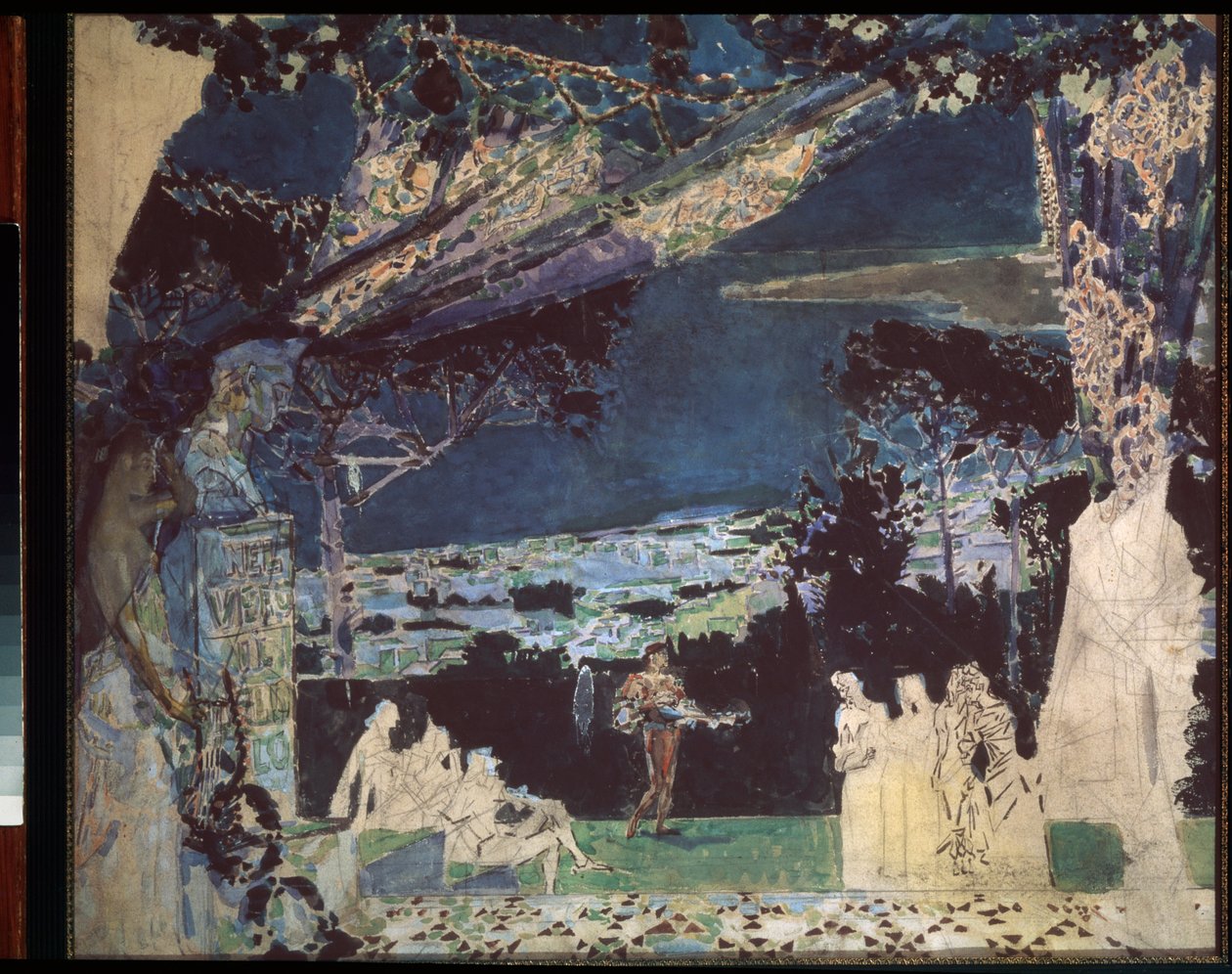 Italie, nuit a Neapel - Projekt för scenridån för den privata ryska teatern (Italien, Natten i Neapel, gardindesign för den privata ryska teatern) - Verk av Mikhail Alexandrovich Vrubel (Vroubel) (1856-1910), penna och akvarell på papper av Mikhail Aleksandrovich Vrubel