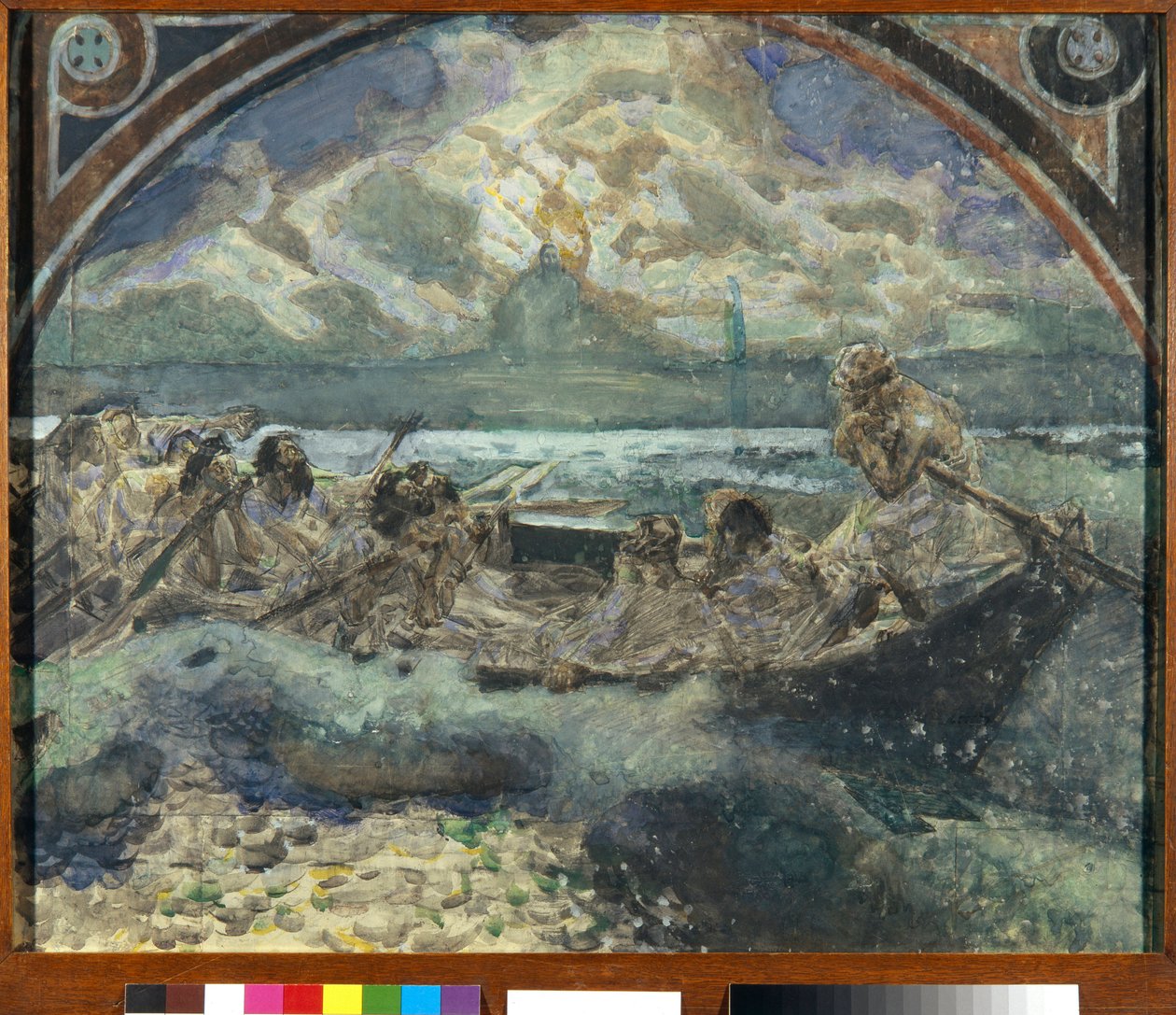 Jesus går på vattnet (Jesus går på vattnet) - Verk av Mikhail Alexandrovich Vrubel (Vrubel) (1856-1910), Akvarell, gouache, bläck och penna på papper av Mikhail Aleksandrovich Vrubel