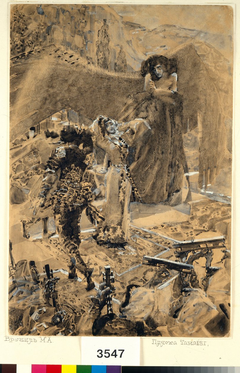 Tamaras dans - Illustration från dikten ""The Demon"" av Mikhail Lermontov (1814-1841) - Konstverk av Mikhail Alexandrovich Vrubel (Vrubel) (1856-1910) av Mikhail Aleksandrovich Vrubel