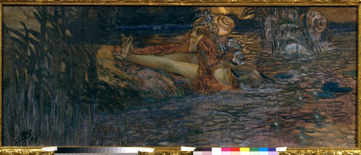 Separationen av Sea King och Prinsessan Volkhova. Scen från operan ""Sadko"" av Nicolas (Nikolai) Rimsky Korsakov (Rimsky-Korsakov) (1844-1908). Verk av Mikhail Alexandrovich Vrubel (Vrubel) (1856-1910), gouache och pastell på papper av Mikhail Aleksandrovich Vrubel