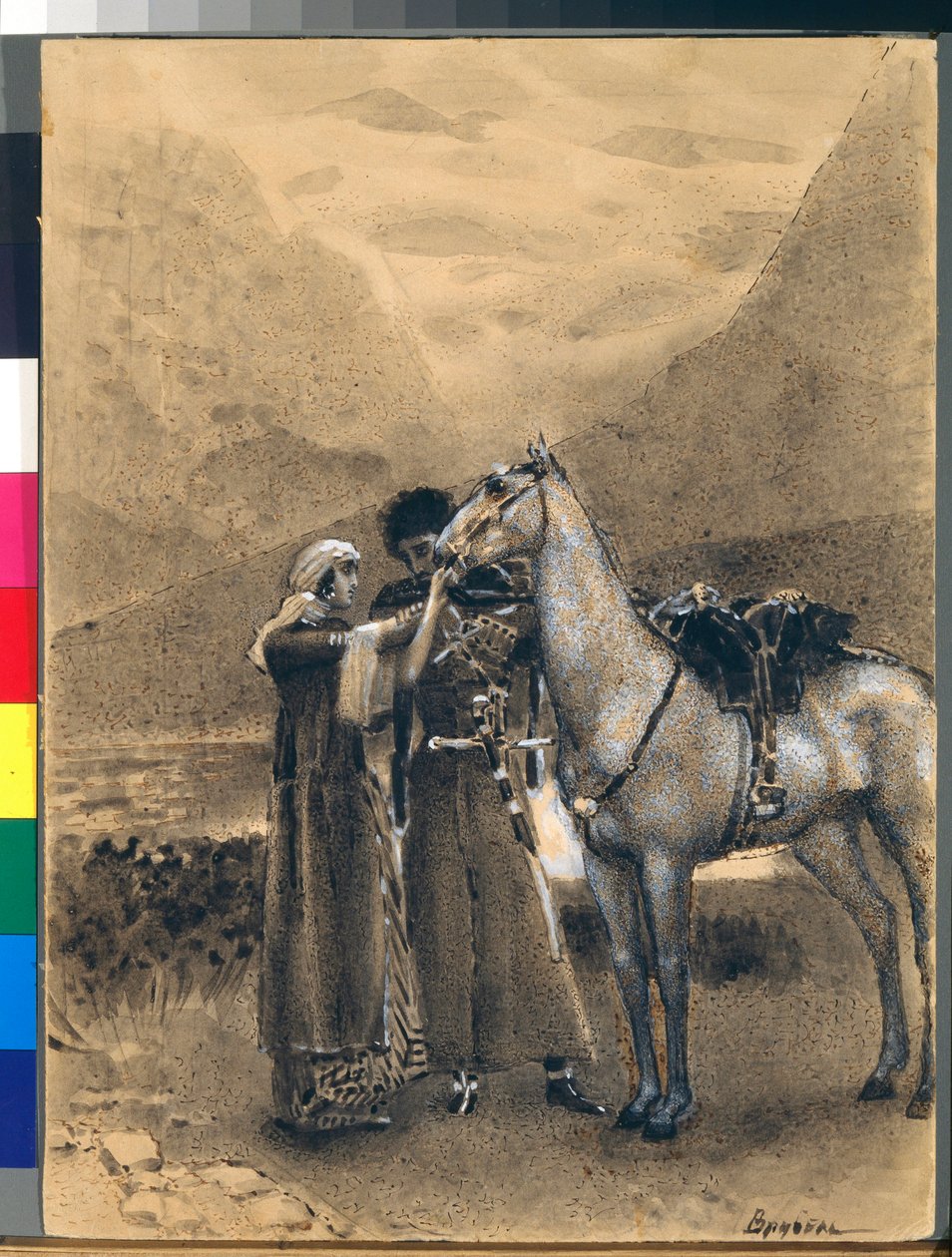 Zara och Ismails farväl - Illustration från dikten "Izmail-bey" (Izmail bey) av Mikhail Lermontov (1814-1841) - Konstverk av Mikhail Alexandrovich Vrubel (Vrubel) (1856-1910) av Mikhail Aleksandrovich Vrubel