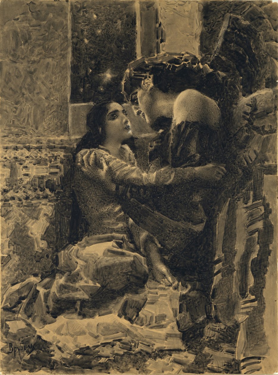 Tamara och Demon. Illustration till dikten Demonen av Mikhail Lermontov, 1890-1891 av Mikhail Aleksandrovich Vrubel