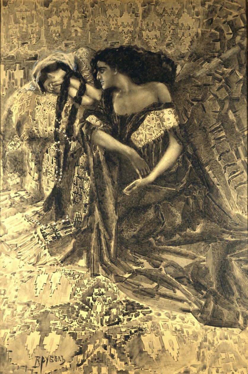 Tamara och Demon. Illustration till dikten Demonen av Mikhail Lermontov, 1890-1891 av Mikhail Aleksandrovich Vrubel