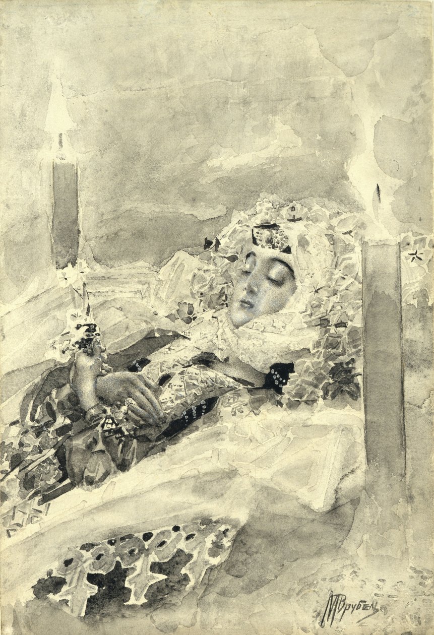 Tamara i kistan. Illustration till dikten Demonen av Mikhail Lermontov, 1890-1891 av Mikhail Aleksandrovich Vrubel