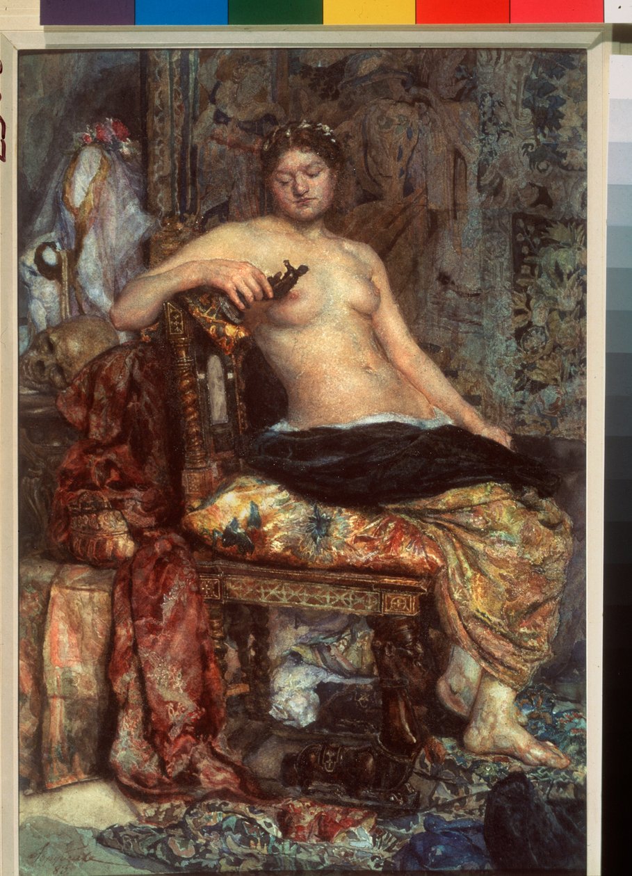 A Model In A Renaissance Furnishing - Verk av Mikhail Alexandrovich Vrubel (Vrubel) (1856-1910), akvarell på papper av Mikhail Aleksandrovich Vrubel
