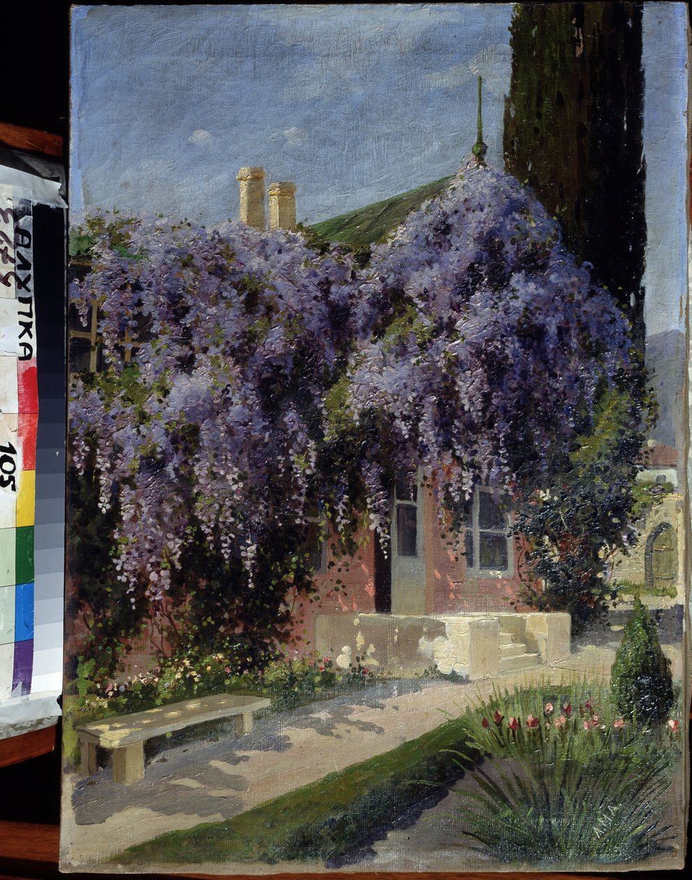 Ett hus sammanflätat med blåregn. Målning av Mikhail Alexandrovich Alisov (1859-1933). Olja på duk, 62,3 x 44,4 cm. Ryska skolan tidigt 1900-tal. Museum of Architecture and Art, Alupka, Ukraina. ©FineArtImage/Leemage av Mikhail Alexandrovich Alisov