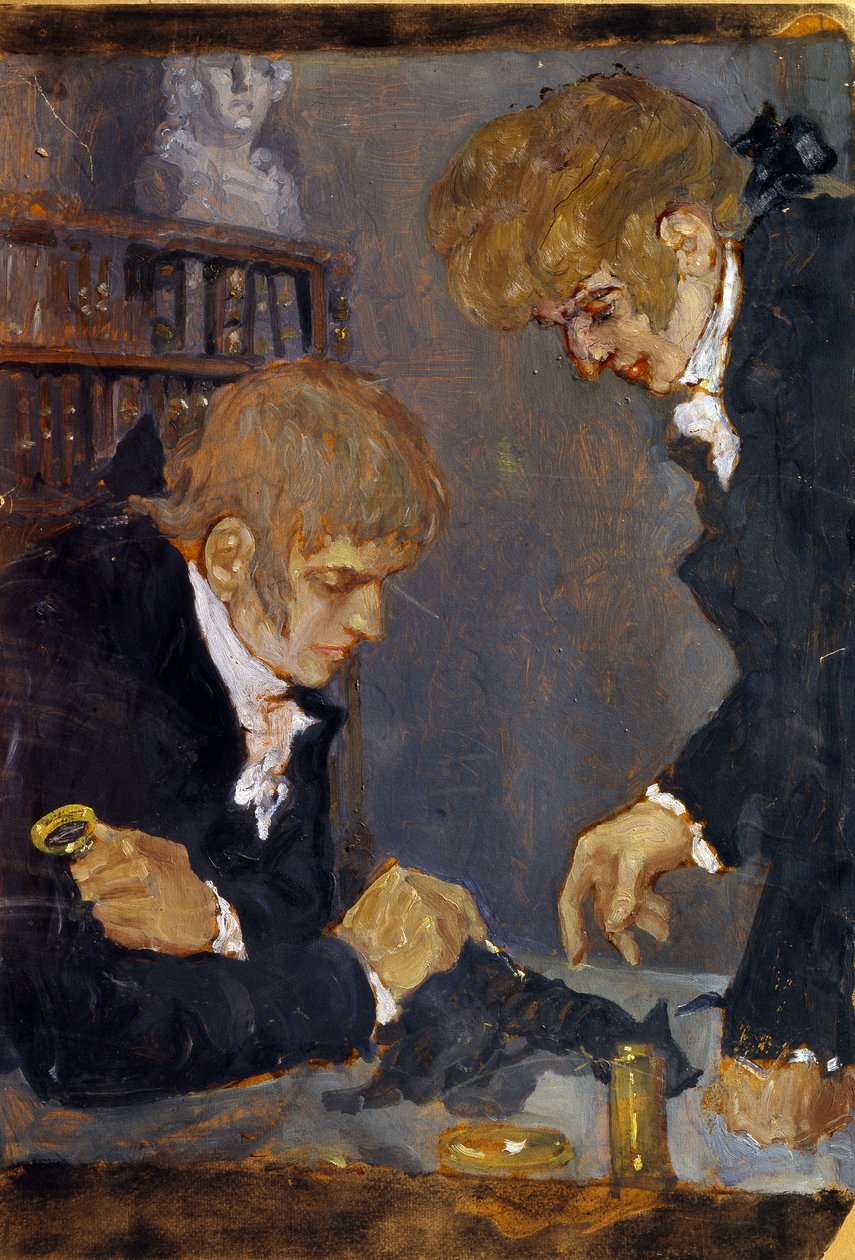 Frederic Georges Cuvier (1773-1838) och Etienne Geoffroy Saint Hilaire (1819-1842) (F. G. Cuvier och E. G. Saint Hilaire). De två forskarna observerar liket av ett djur. Verk av Mikhail Dmitrievich Ezuchevsky (1880-1928), olja på papper av Mikhail Dmitrievich Ezuchevsky