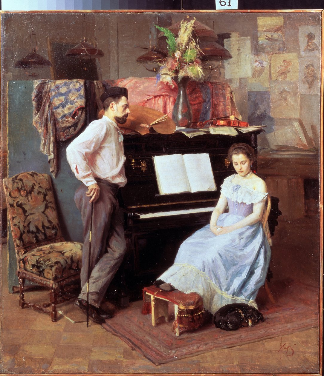 ""Konstnären och hans fru"" Den unga kvinnan med sänkta ögon sitter vid pianot under sin mans blick. Målning av Mikhail Ignatiev (1870-1934) circa 1900 Regional Art Gallery, Vologda av Mikhail Ignatiev