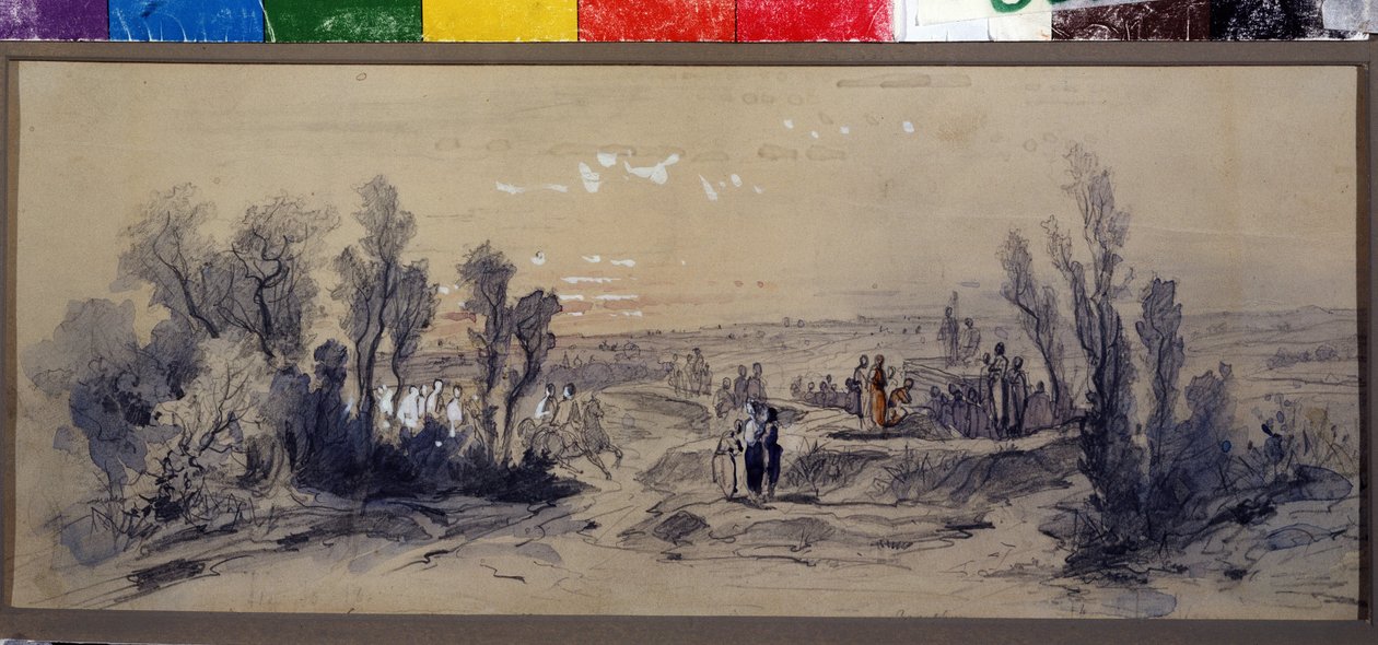 Gardindesign för operan ""Mazepa"" av Piotr Ilitch Tchaikovsky (1840-1893) (gardindesign för operan ""Mazepa"" av P.Tchaikovsky). Verk av Mikhail Ilyich Bocharov (1831-1895). Akvarell på papper av Mikhail Ilyich Bocharov