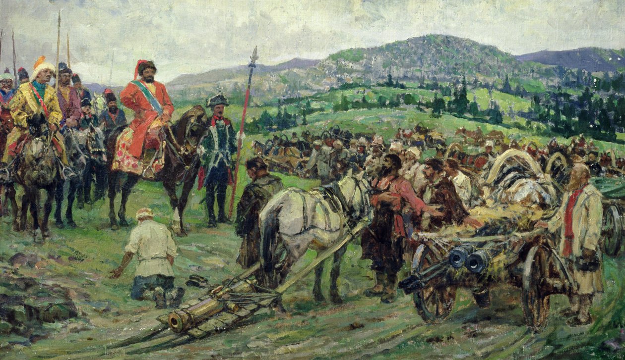 Assisterar ledaren för bonderevolten, Emelyan Pugachev, i Ural (olja på duk) av Mikhail Ivanovich Avilov